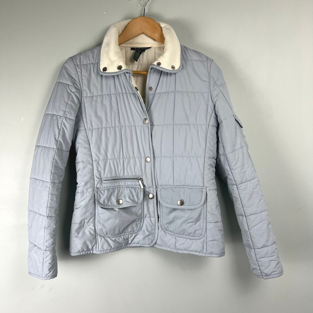 Lauren Ralph Lauren Quilted Jacket Fleece Collar Womens S Snap Front Equstrian